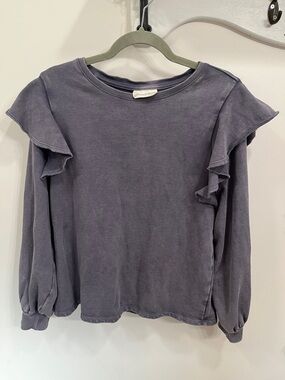 Washed Slate Ruffle-Shoulder Long Sleeve Top - Women